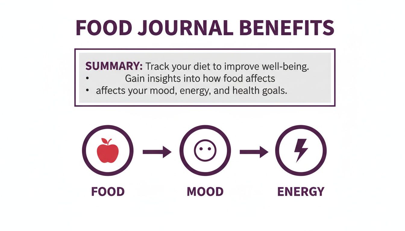 Diagram illustrating food journal benefits: tracking diet impacts mood, energy, and health goals.
