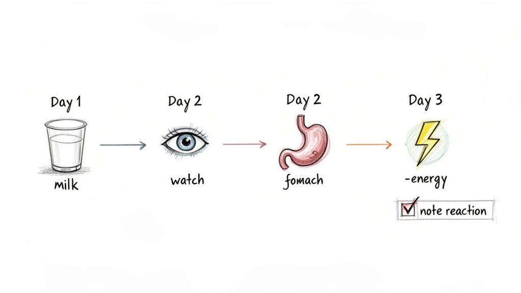 A flowchart illustrating a 3-day process to identify food sensitivities, starting with milk.