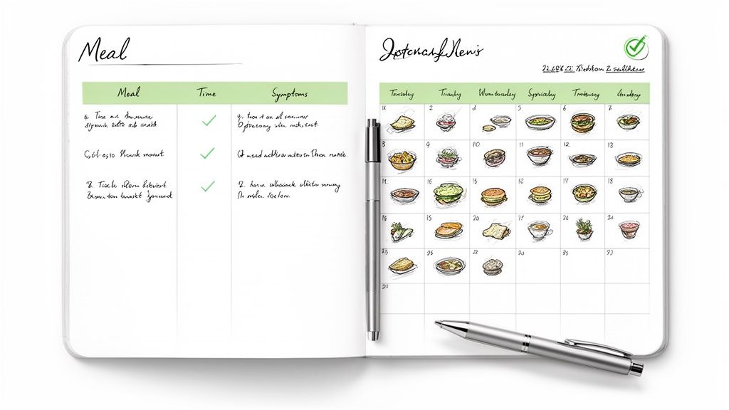 Open meal diary showing a food intake and symptom tracker, and a calendar of daily meals.