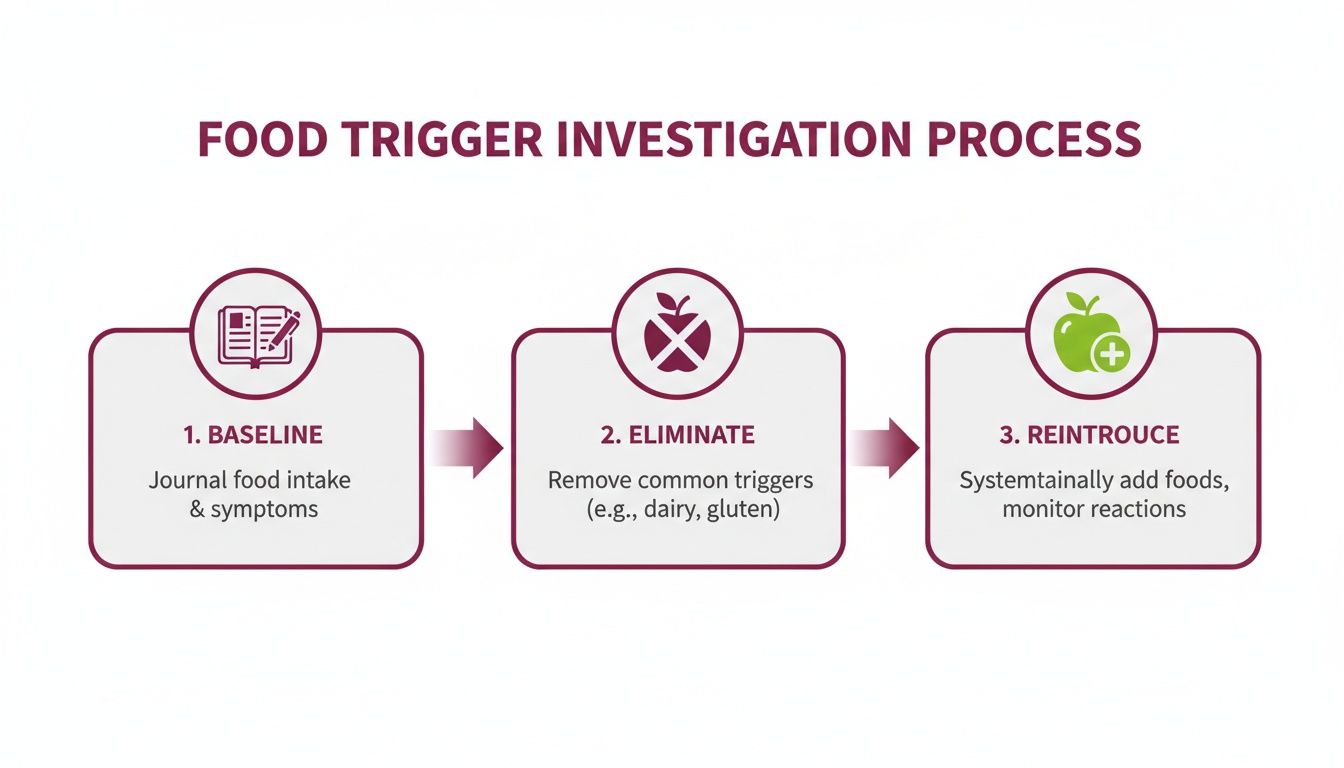 An infographic detailing the three-step food trigger investigation process: baseline, eliminate, and reintroduce.