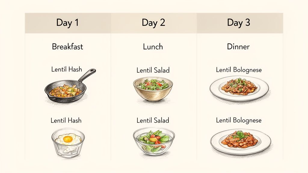 A 3-day meal plan featuring lentil hash for breakfast, lentil salad for lunch, and lentil bolognese for dinner.