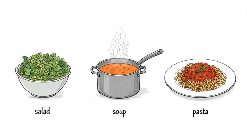 Three dishes featuring lentils: a bowl of salad, a pot of steaming soup, and a plate of pasta with sauce.