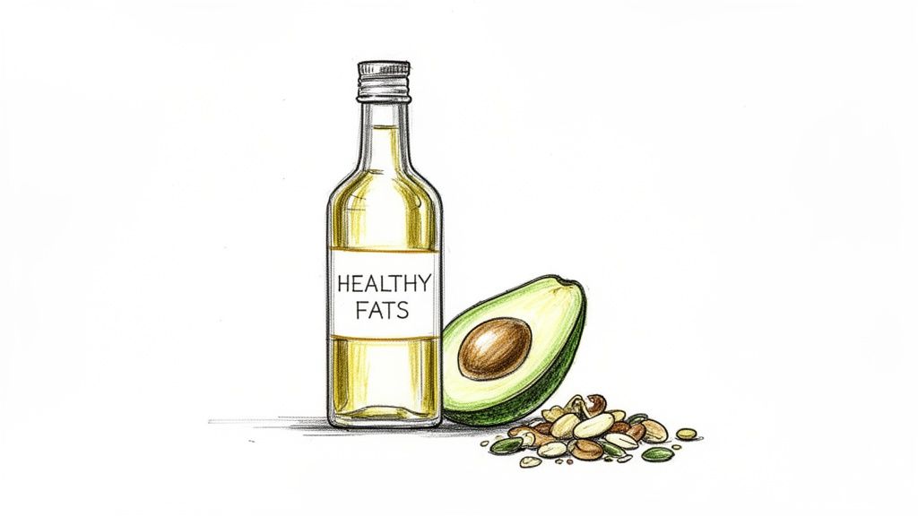 A bottle of 'Healthy Fats' oil, a halved avocado, and a pile of mixed nuts and seeds.