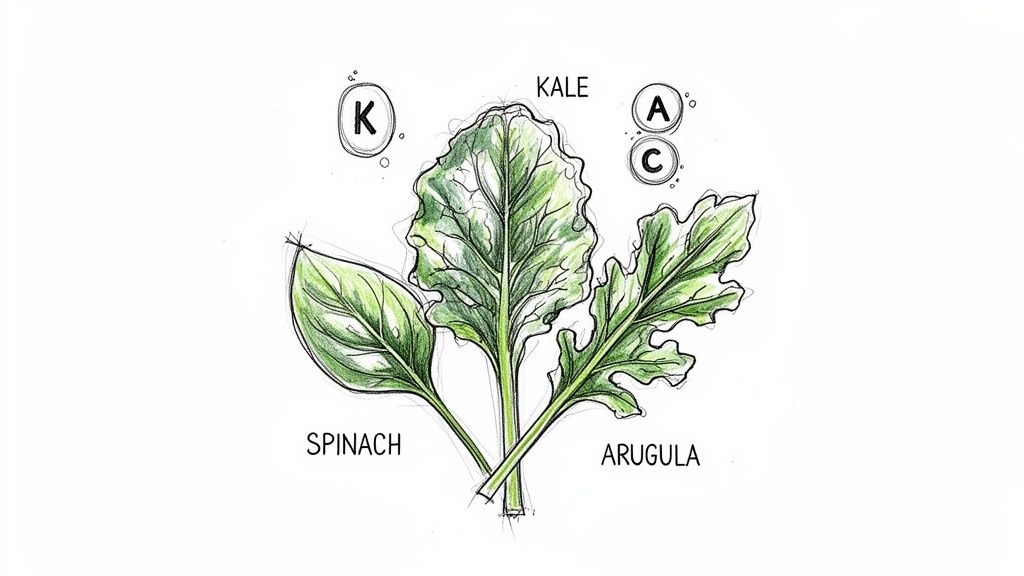 An illustration of spinach, kale, and arugula leaves, highlighting vitamins K, A, and C.