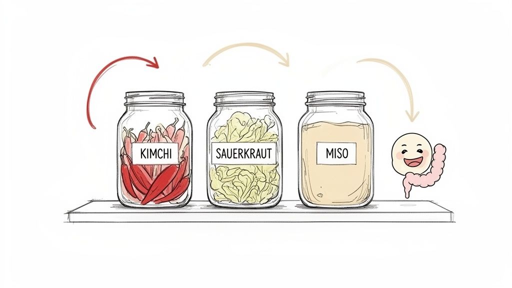Three jars of fermented foods: kimchi, sauerkraut, and miso, leading to a happy gut illustration.
