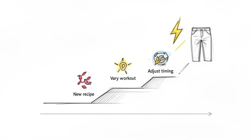 Infographic illustrates steps like new recipe, varied workout, adjusted timing, reaching the goal of fitting pants.