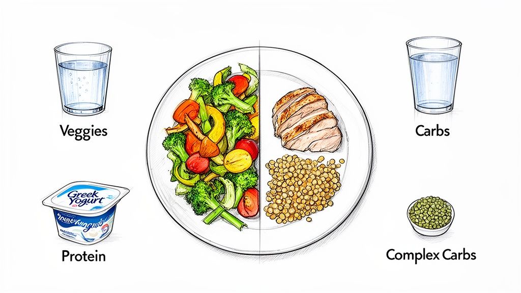 A balanced meal plate with veggies, sliced chicken, lentils, water, and Greek yogurt for a healthy diet.
