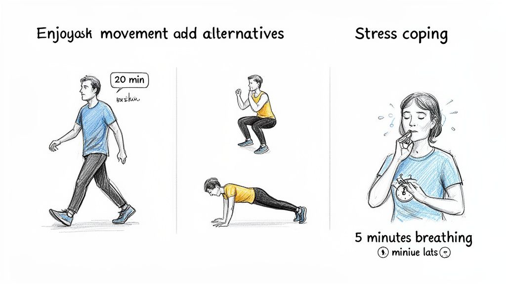 Visual guide to movement alternatives like walking, squats, planks, and breathing exercises for stress coping.