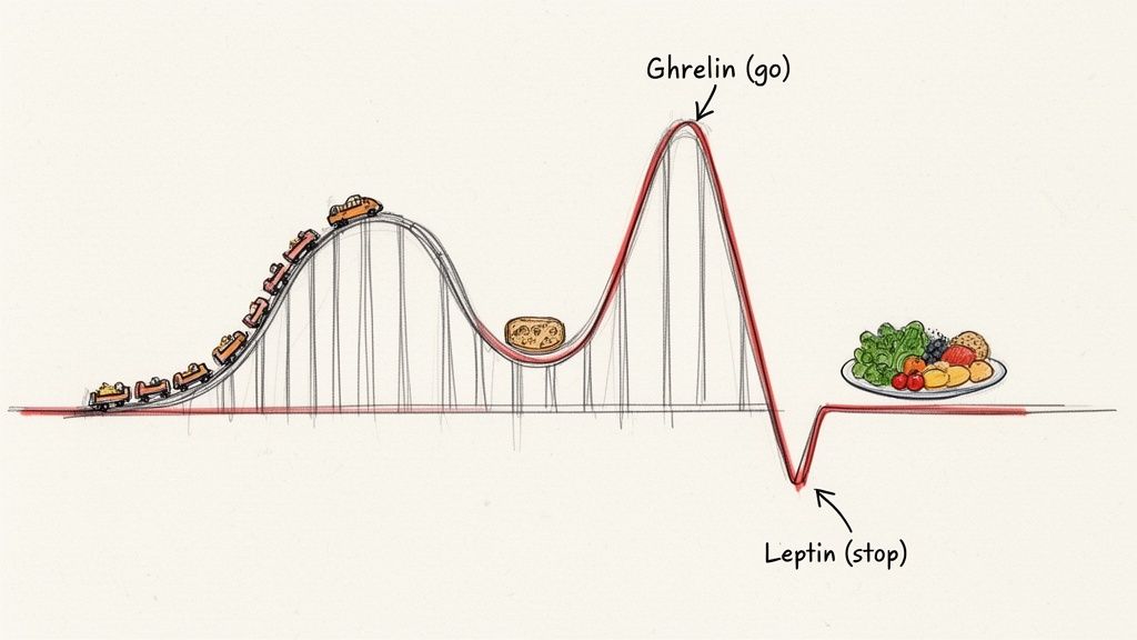 Ghrelin (go) and Leptin (stop) hormones depicted as a roller coaster with food at peaks and valleys.