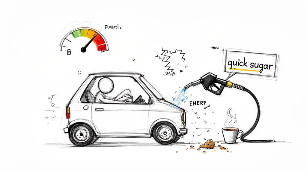 A stick-figure in a car gets 'quick sugar' from a gas pump dispensing coffee and cookies, signifying low energy.