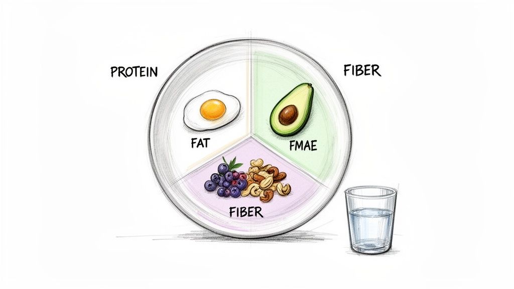 A segmented plate displaying protein, fat (egg), FMAE (avocado), fiber (berries, nuts) with a glass of water.
