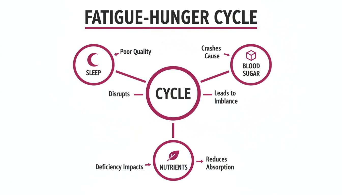 Diagram illustrating the Fatigue-Hunger Cycle, showing interconnected sleep, blood sugar, and nutrient absorption.