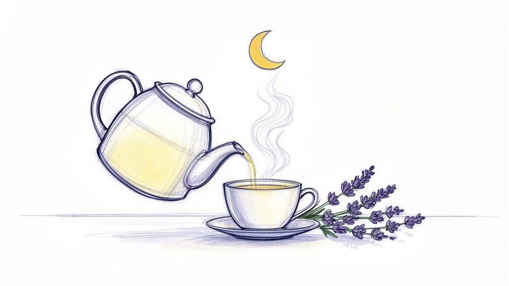 Teapot pouring steaming herbal tea into a cup, with lavender sprigs and a crescent moon.