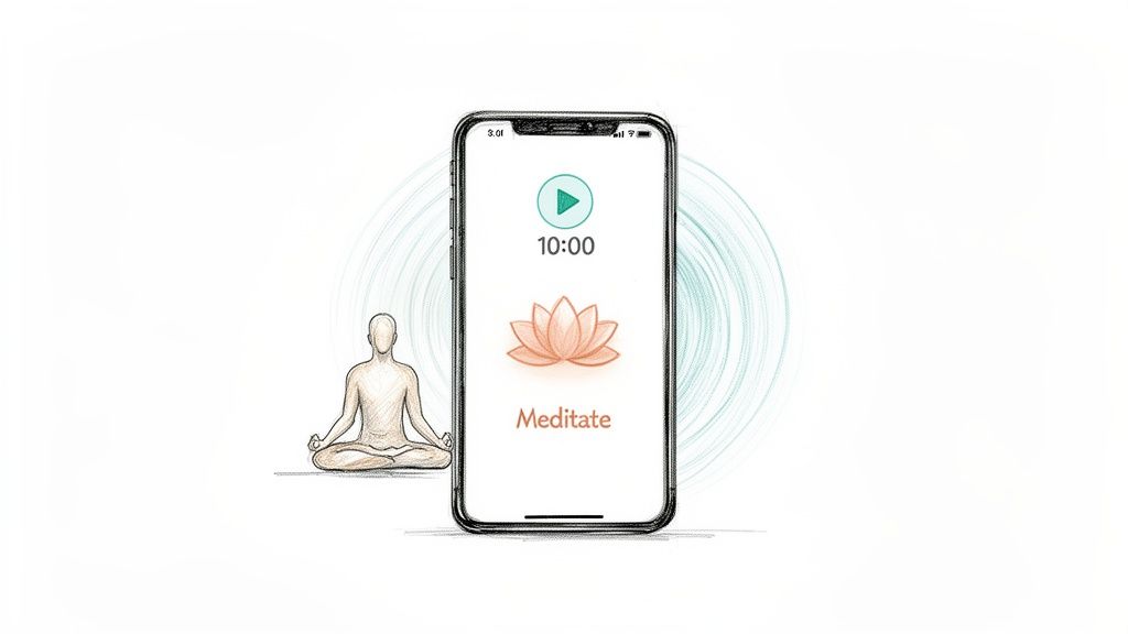 An illustration of a person meditating in lotus pose next to a smartphone running a meditation app.