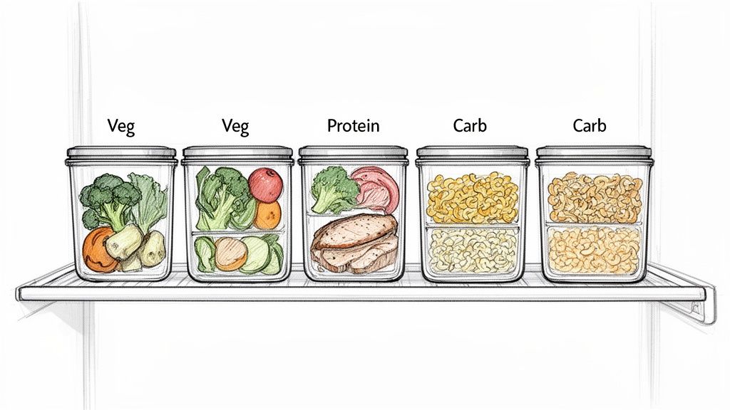 Five meal prep containers on a shelf, organized with vegetables, protein, and carbohydrates.