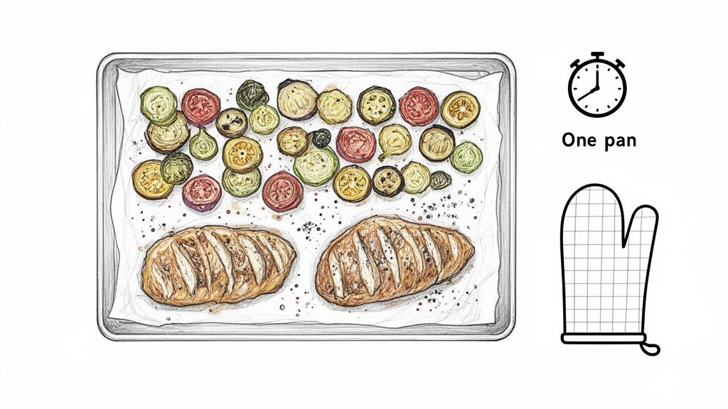 A vibrant one-pan meal with roasted zucchini, tomatoes, and bread on a baking sheet.