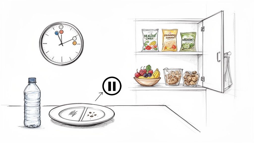 A drawing illustrating eating habits with a clock, water bottle, a plate of supplements, and an open cabinet of snacks.