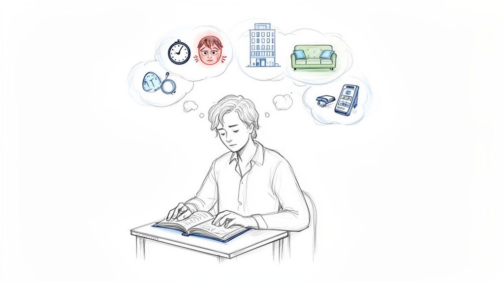 A young man reads a book, distracted by thought bubbles showing stress, time, work, and home.