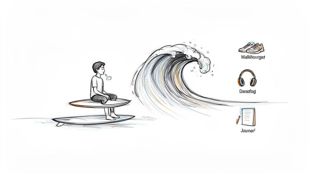 Mindful person on surfboards facing a large wave, with icons for healthy coping strategies.