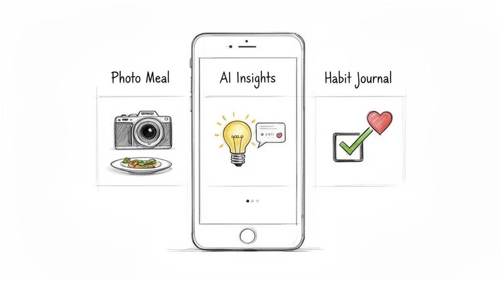 Illustration of a nutrition app's features: photo meal tracking, AI insights, and habit journaling.