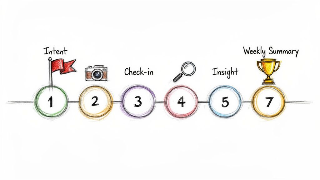 A colorful hand-drawn process diagram showing steps like Intent, Check-in, Insight, and Weekly Summary.