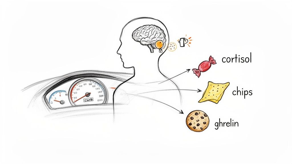 Illustration linking brain signals, stress hormones cortisol and ghrelin to cravings for candy, chips, and cookies.
