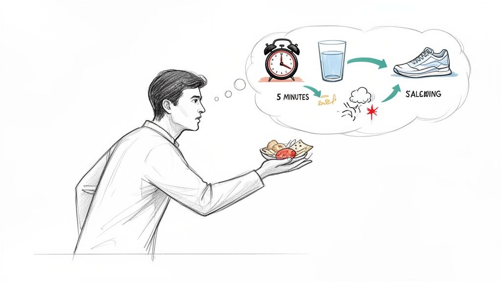 A man contemplates eating, considering waiting 5 minutes, drinking water, and exercising before consuming food.