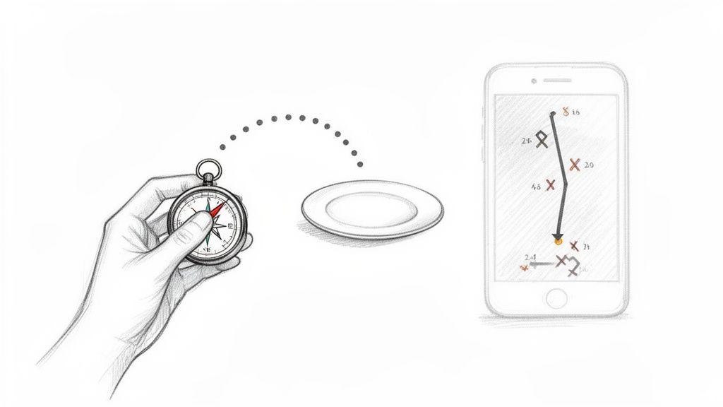A hand holds a compass pointing to a plate, with a smartphone displaying a route map.