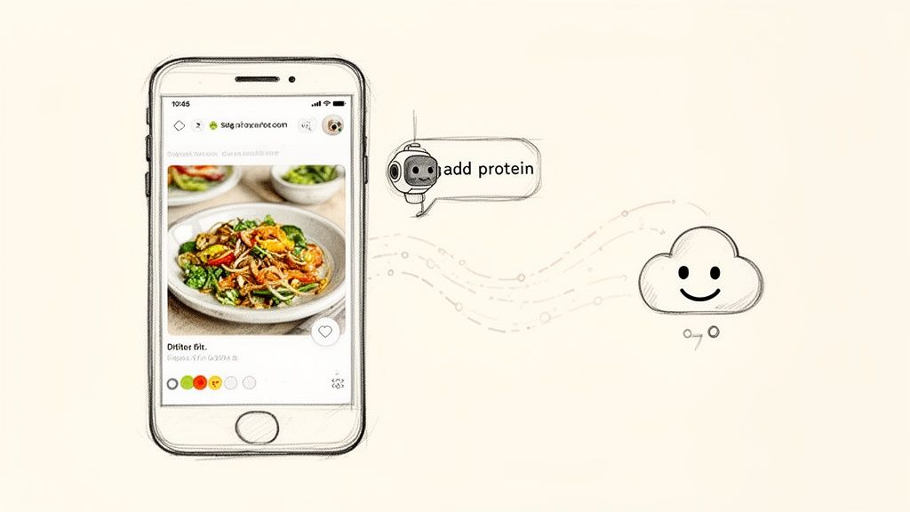 A hand-drawn sketch showing a smartphone app with a meal, a robot suggesting 'add protein', and a happy cloud.