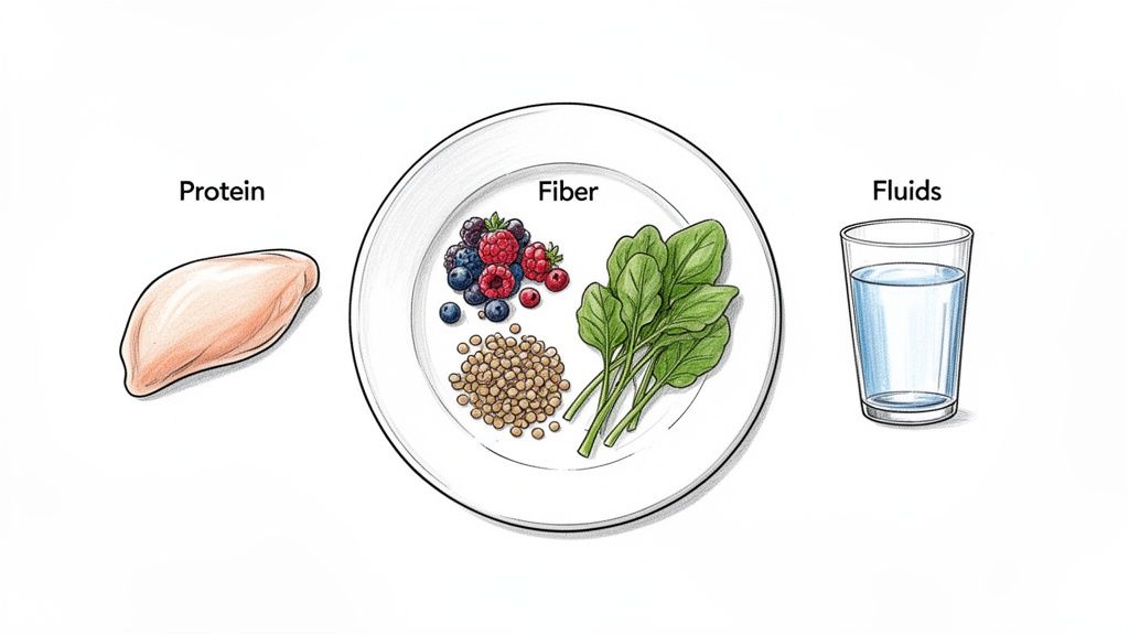 Illustration of a balanced meal showing protein (chicken), fiber (berries, lentils, spinach), and fluids (water).