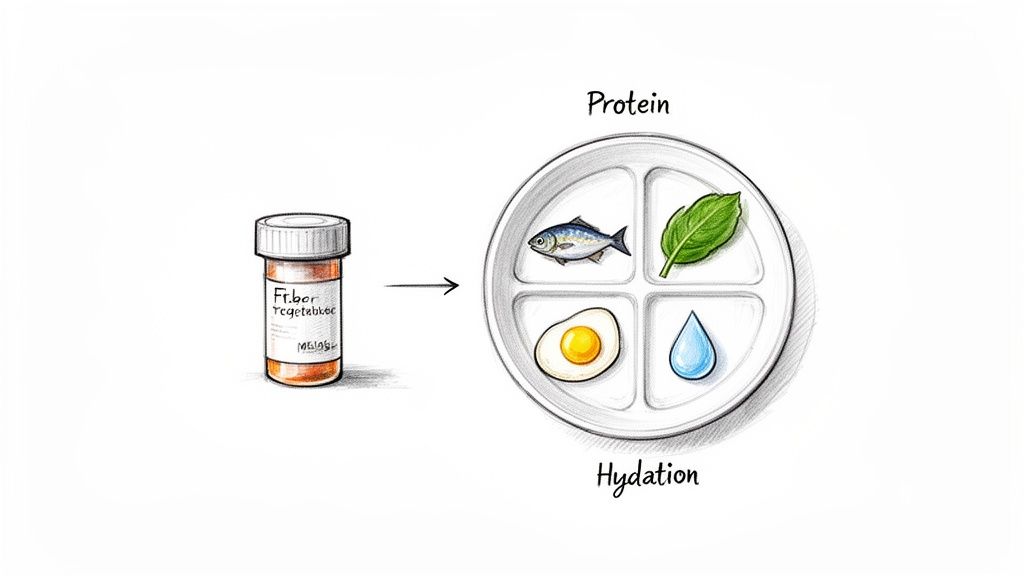 A pill bottle replaced by a plate with fish, egg, greens, and water, emphasizing natural sources.