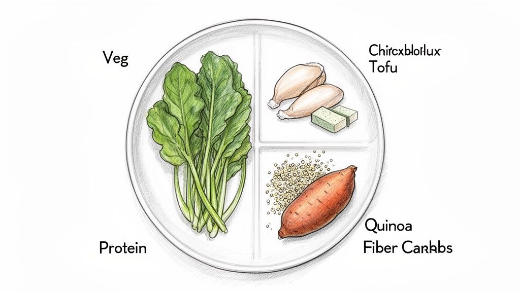 A meal plan plate showing vegetables, protein sources, sweet potato, and quinoa for a balanced diet.