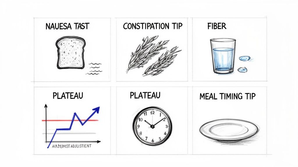 Six panels illustrating diet and health tips, including fiber, hydration, and overcoming weight plateaus.