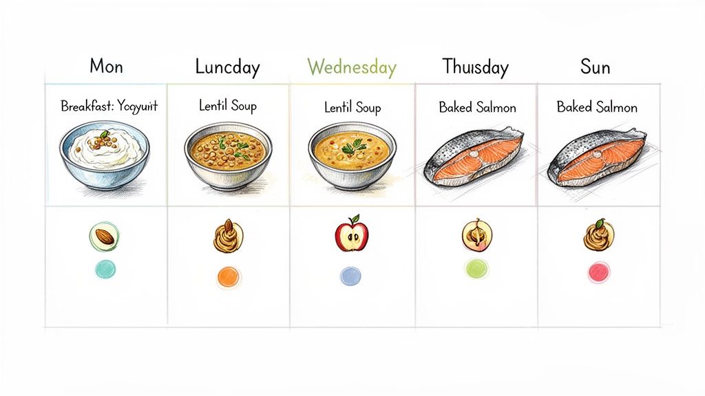 Detailed weekly diet plan featuring yogurt, lentil soup, baked salmon, and various healthy snacks.