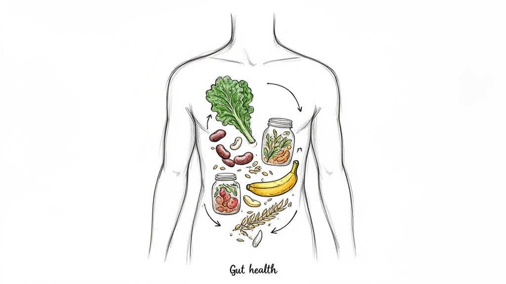 Illustration of a human torso filled with various healthy foods like kale, beans, and nuts, representing gut health.