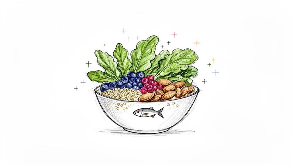 Hand-drawn illustration of a healthy bowl with greens, blueberries, red berries, almonds, and quinoa, featuring a fish.
