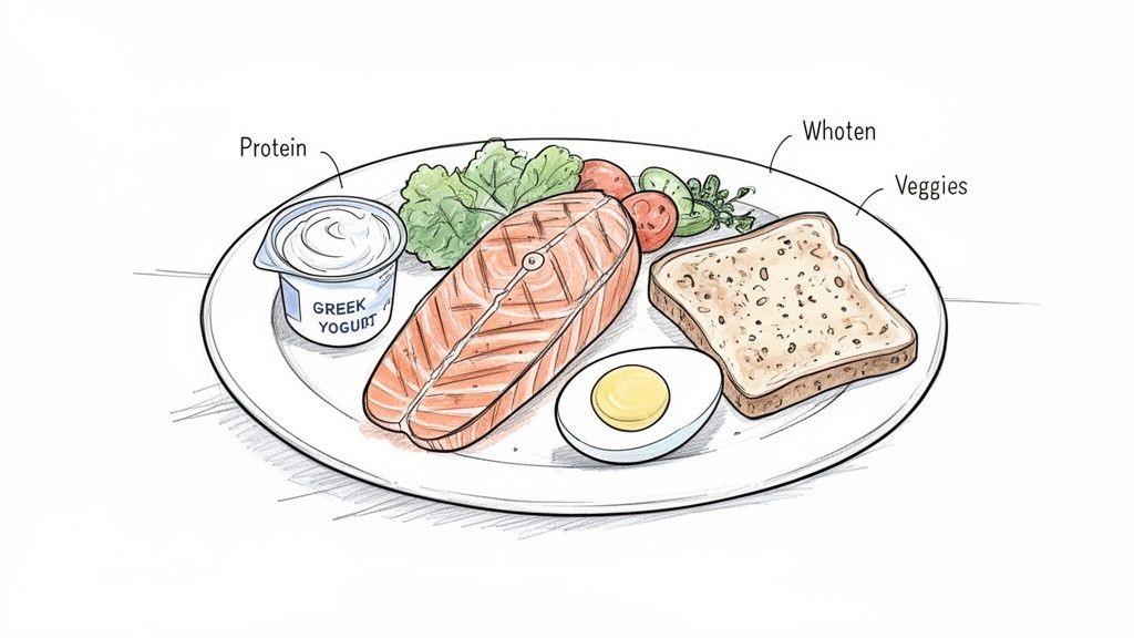 A healthy meal plate featuring grilled salmon, boiled egg, Greek yogurt, whole-wheat toast, and fresh salad.