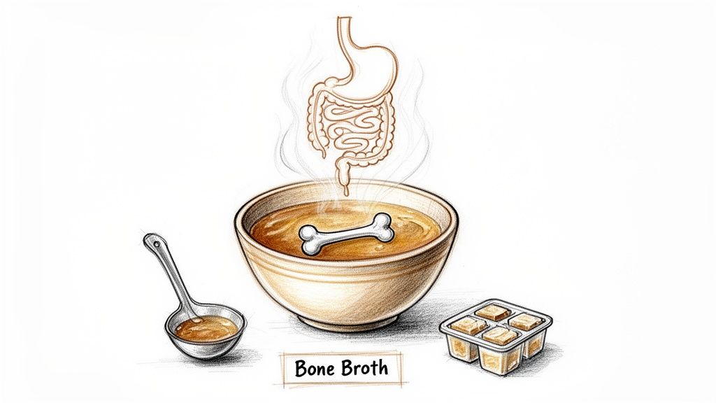 An illustration shows steaming bone broth in a bowl connecting to a healthy digestive system, with a ladle and frozen cubes.