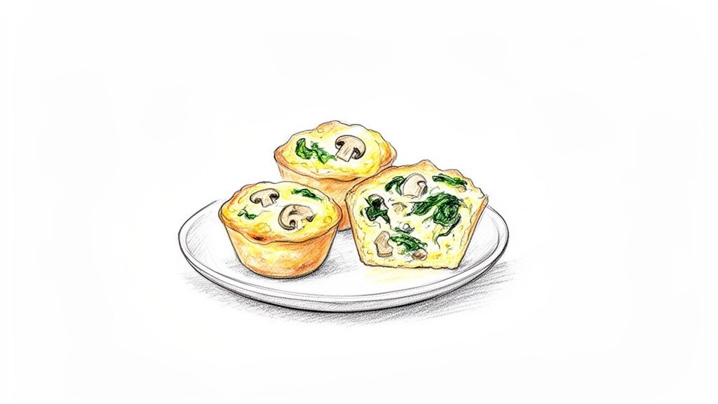 Sketch of three individual spinach and mushroom quiches on a white plate.