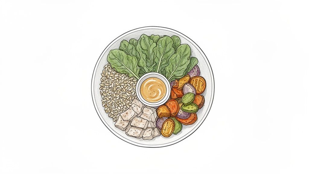 A balanced meal bowl with chicken, grains, greens, roasted vegetables, and creamy dressing, perfect for a quick healthy meal.