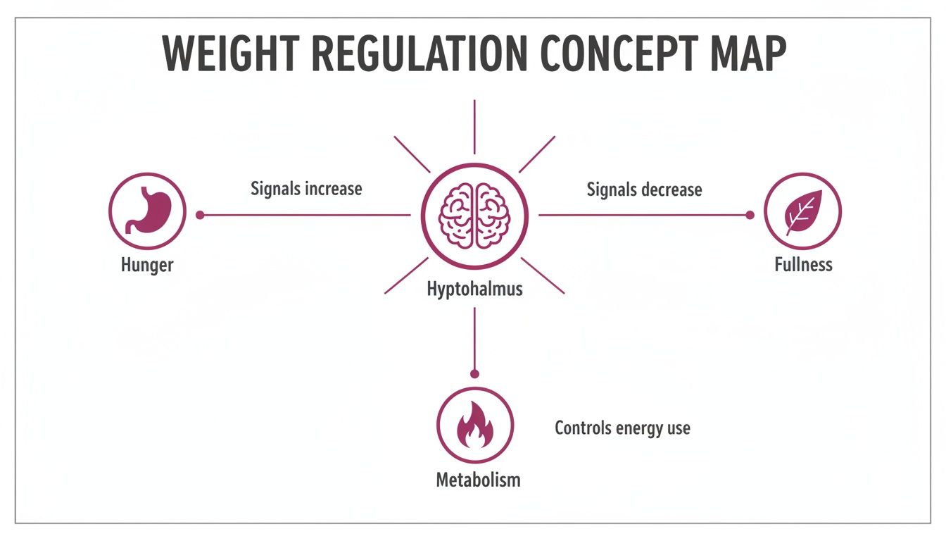 Concept map illustrating weight regulation, showing the hypothalamus's role in hunger, fullness, and metabolism.