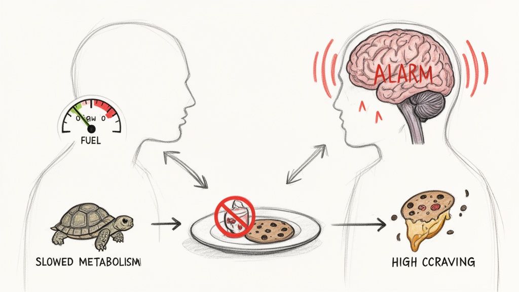 Illustration showing low fuel, slowed metabolism, brain alarm, and high craving interacting with food.