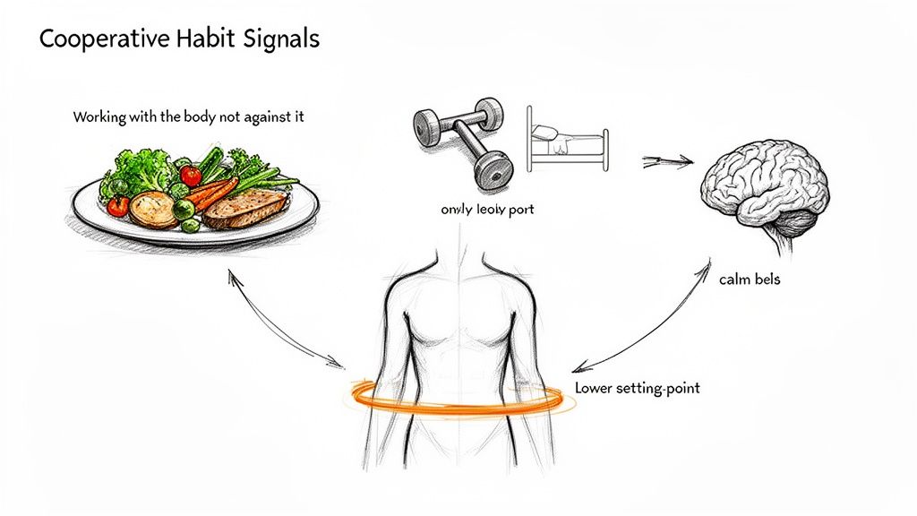 Illustration of cooperative habit signals: healthy eating, exercise, and sleep impacting the body's set point and brain.