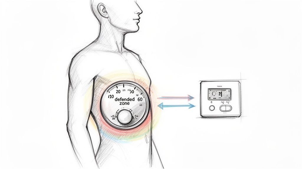 Illustration of a human torso with an internal 'defended zone' temperature dial interacting with an external thermostat.