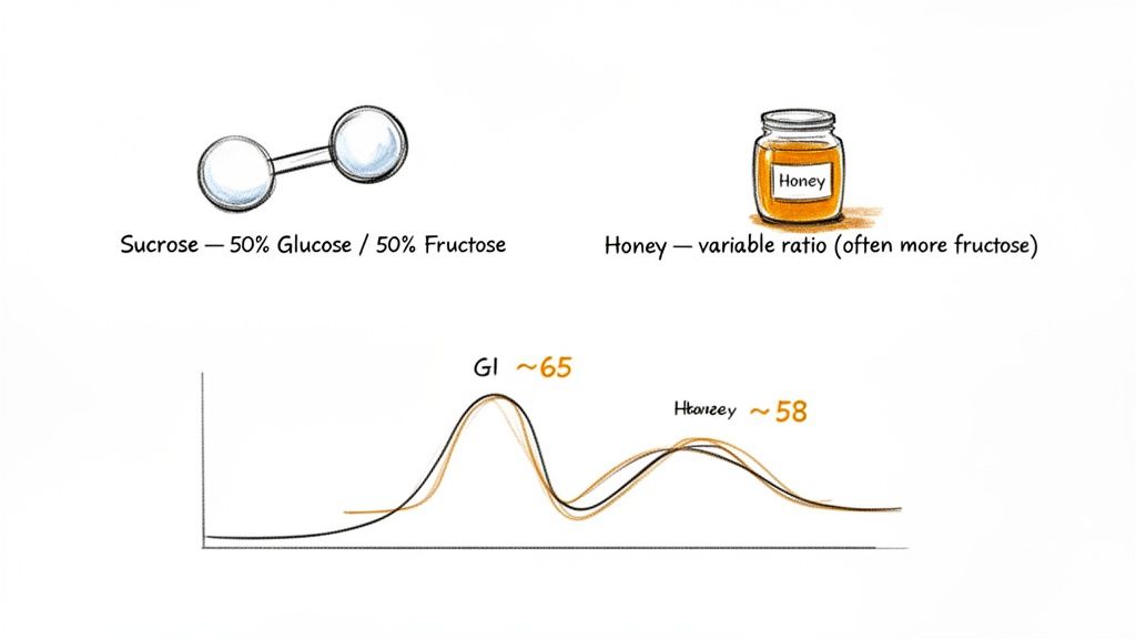 Image comparing sucrose and honey, showing their glucose/fructose ratios and glycemic index values.