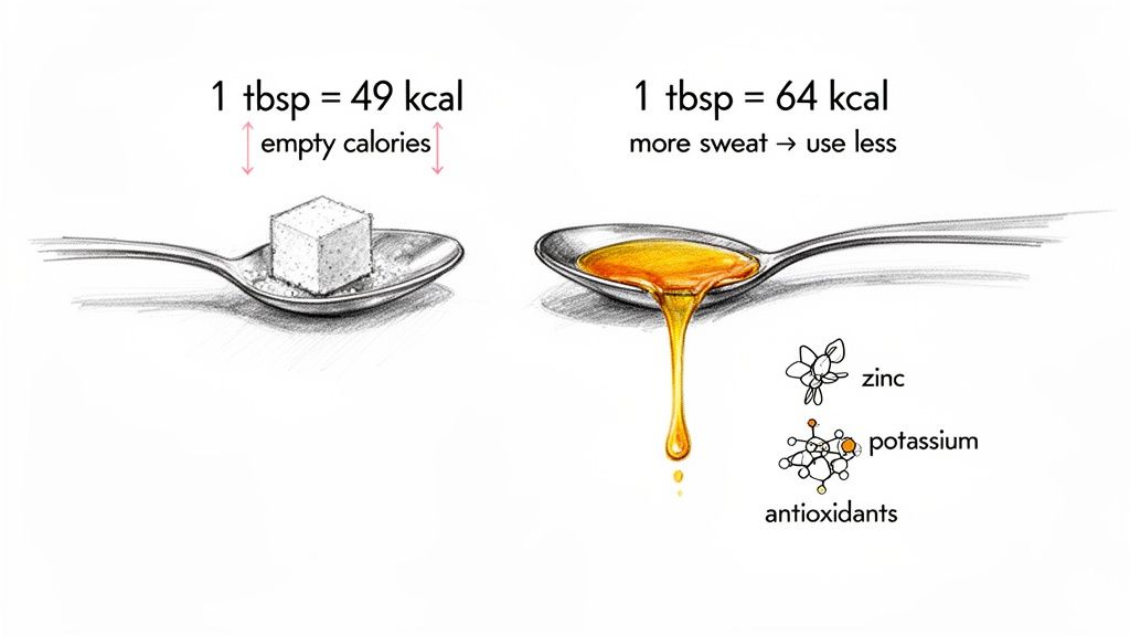 Illustration comparing 1 tbsp of sugar (empty calories) with 1 tbsp of honey (with nutrients).
