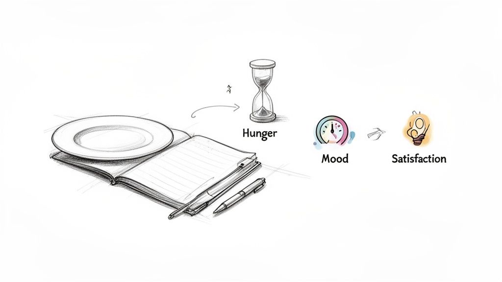 Diagram illustrating how hunger, tracked with a journal and plate, influences mood and satisfaction.