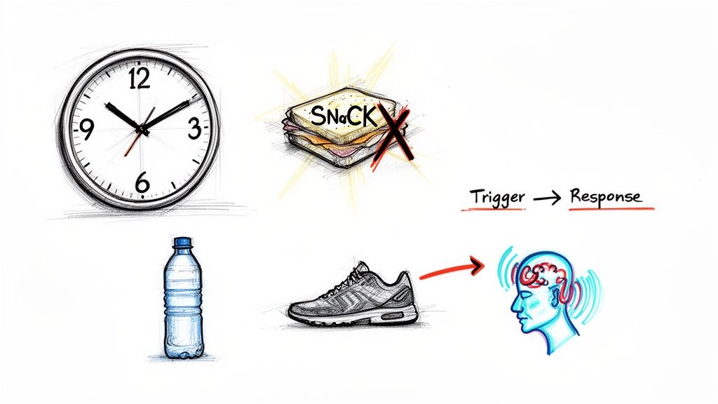 Diagram illustrating habit change with a clock, crossed-out snack, water bottle, running shoe, and 'Trigger -> Response' text.