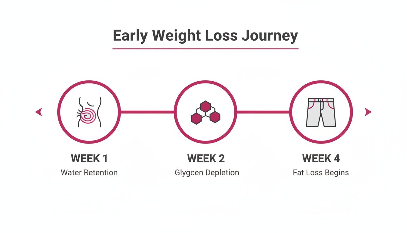 A timeline illustrating the early stages of weight loss journey, showing water retention, glycogen depletion, and fat loss.