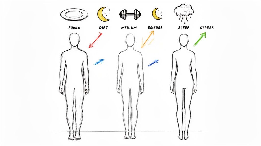 Diagram illustrating how diet, exercise, sleep, and stress influence the human body.